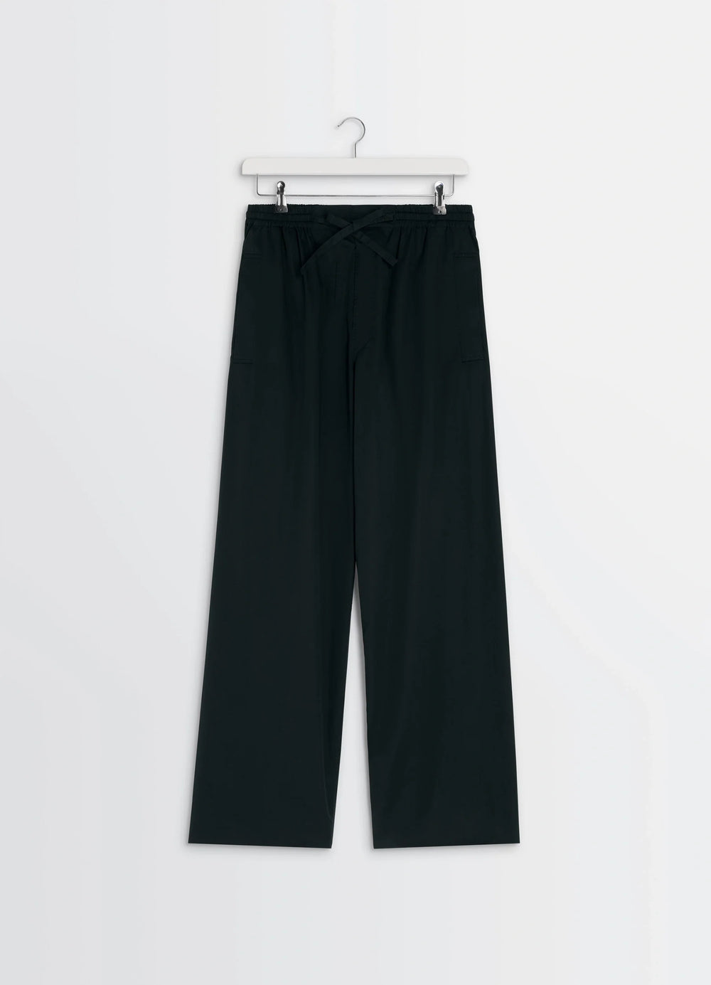 Lemaire Pyjama Pants in Black Cotton Satin, product shot, top angled view drawstring waistband, hanger