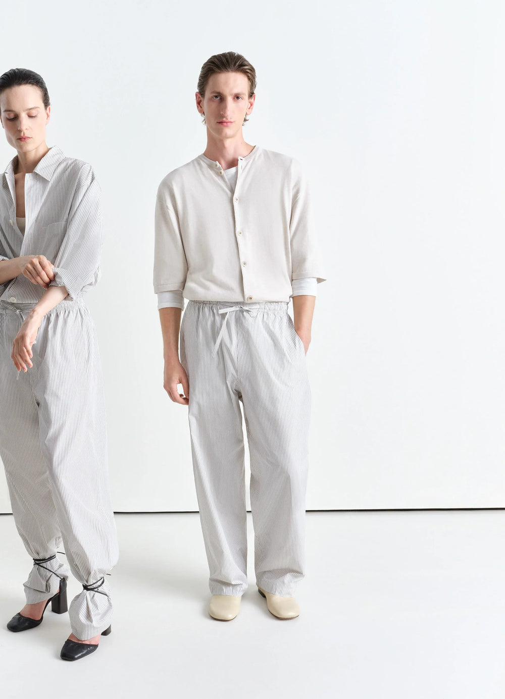 Lemaire Pyjama Pants in Striped Cotton Poplin, model shot, Front view Relaxed fit with pleats