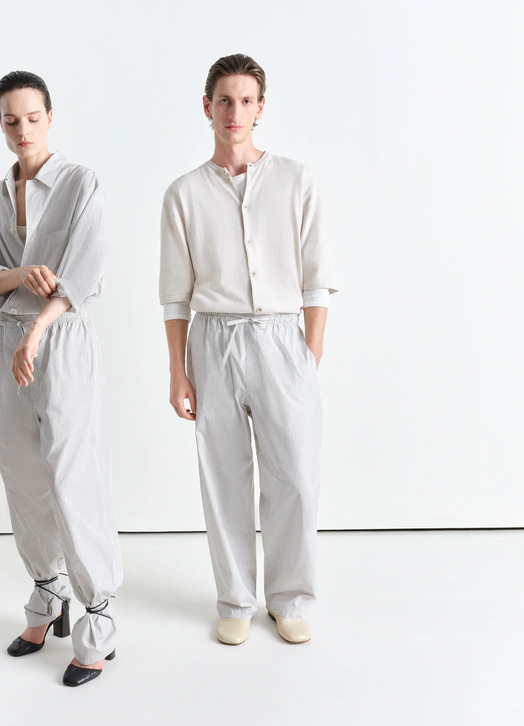 Lemaire Pyjama Pants in Striped Cotton Poplin, model shot, Front view Relaxed fit with pleats