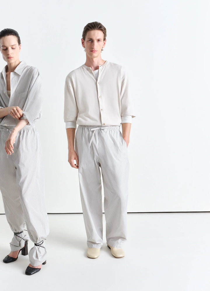 Lemaire Pyjama Pants in Striped Cotton Poplin, model shot, Front view Relaxed fit with pleats