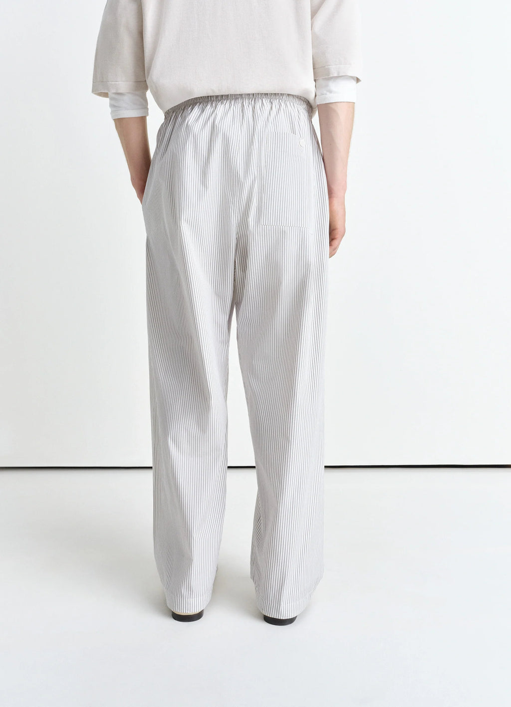 Lemaire Pyjama Pants in Striped Cotton Poplin, model shot, back detail shot elastic waist gathering