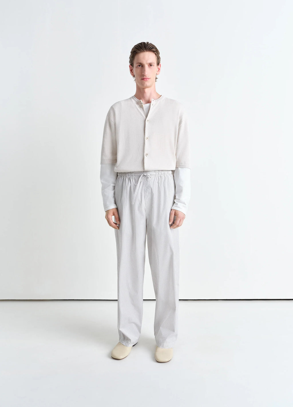 Lemaire Pyjama Pants in Striped Cotton Poplin, model shot, back view straight leg fit