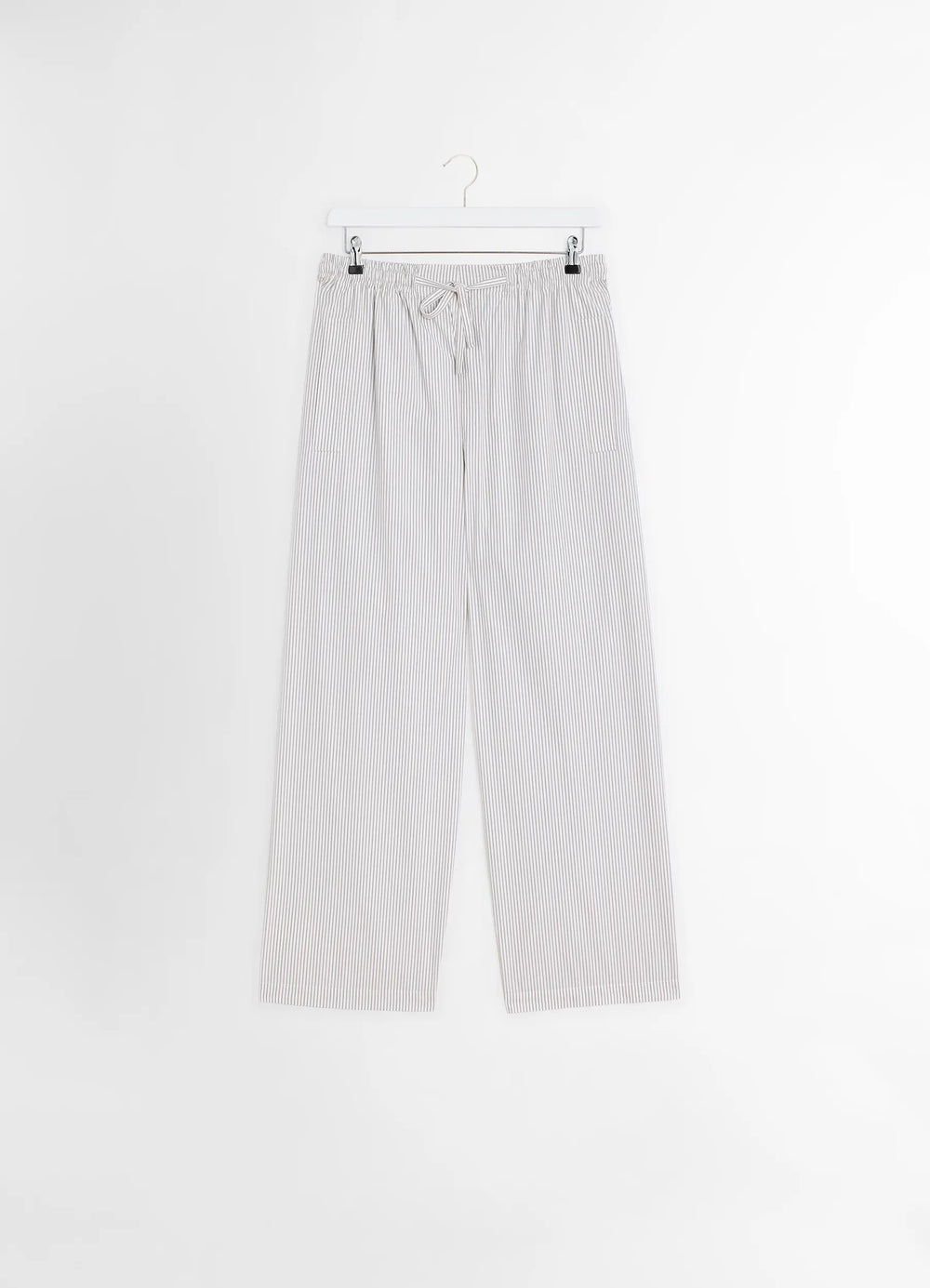 Lemaire Pyjama Pants in Striped Cotton Poplin, product shot, hanging shot straight hanging drawstring