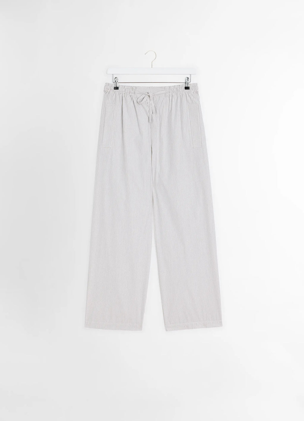 Lemaire Pyjama Pants in Striped Cotton Poplin, product shot, hanging shot straight hanging drawstring