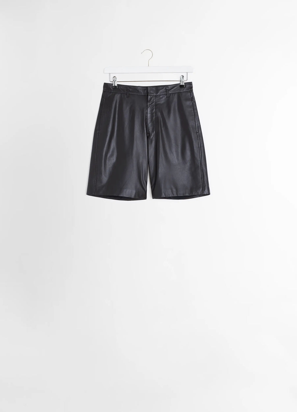 Lemaire Leather Shorts in Mat Black Leather, product shot, mid-front hanging view sleek tapered cut