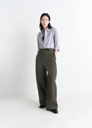 Lemaire Large Chino Pants in Dark Olive Cotton Twill, model shot, front view oversized wide leg