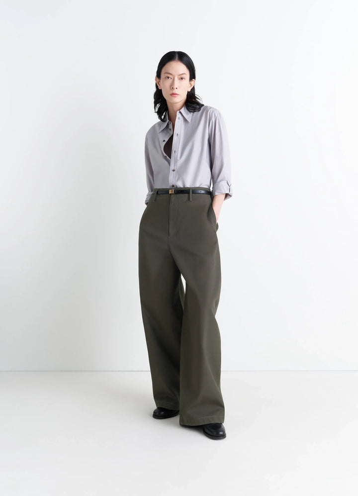 Lemaire Large Chino Pants in Dark Olive Cotton Twill, model shot, front view oversized wide leg