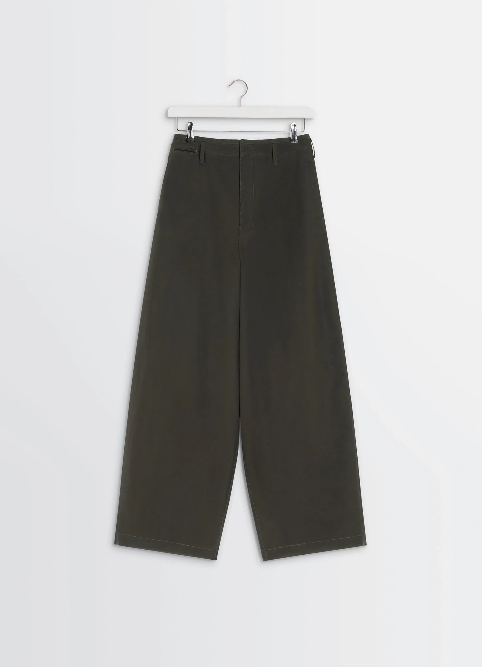 Lemaire large chino pants in dark olive cotton twill, product shot, hanging display oversized high waist