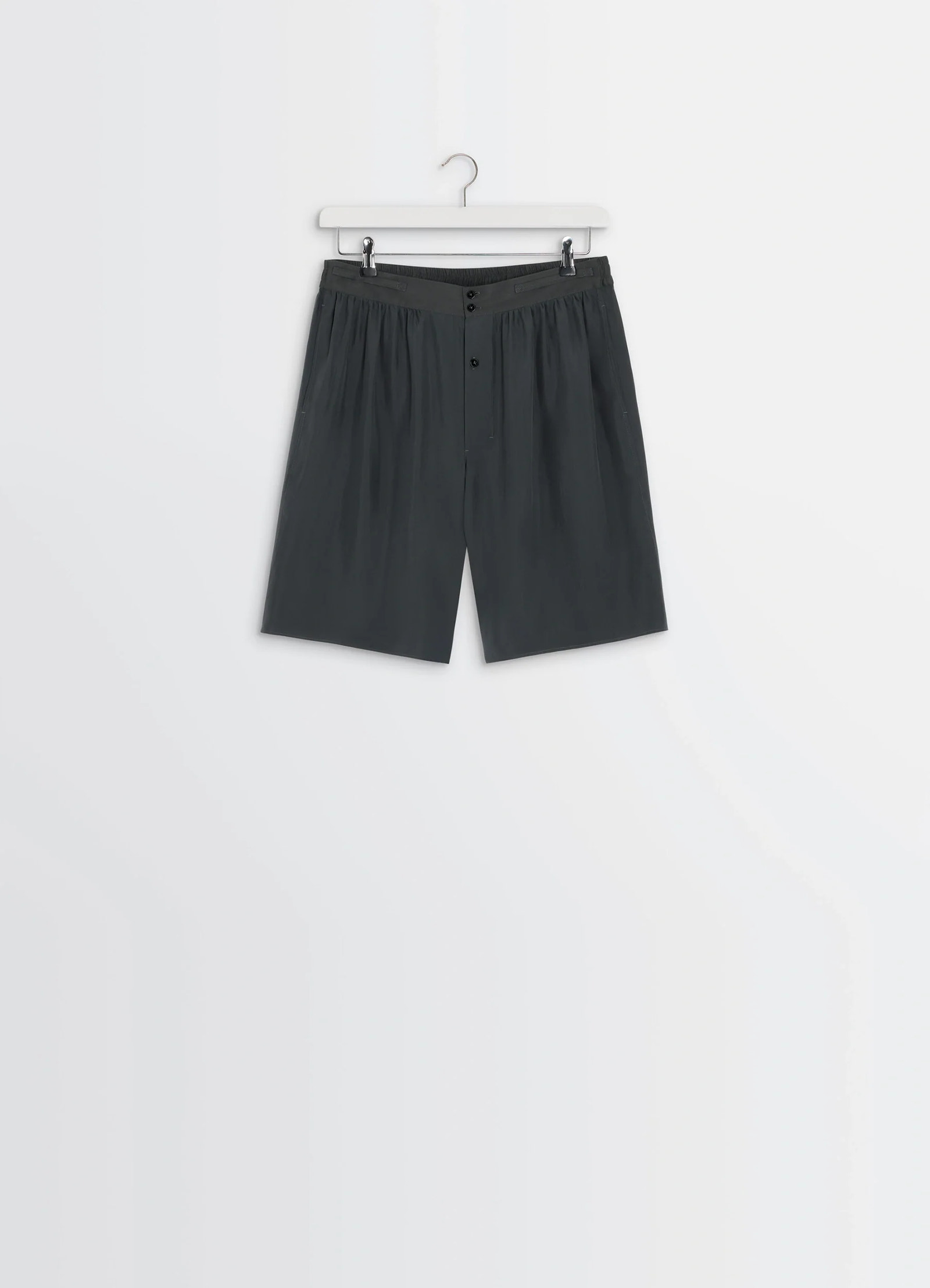 Lemaire soft shorts in silk pongee, product shot, top hung view gathered button front