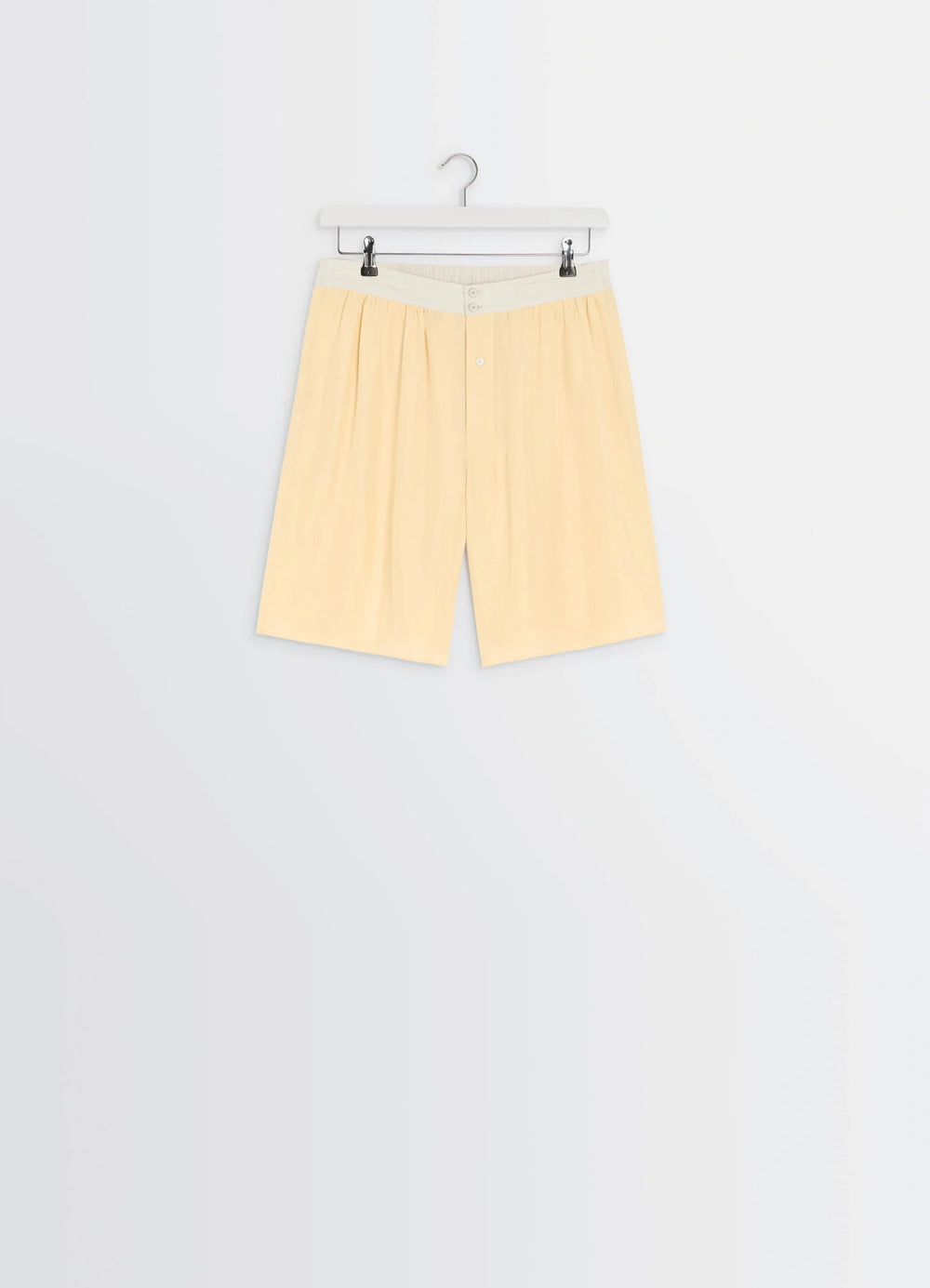 Lemaire Soft Shorts in Silk Pongee, product shot, overhead view pleated front design