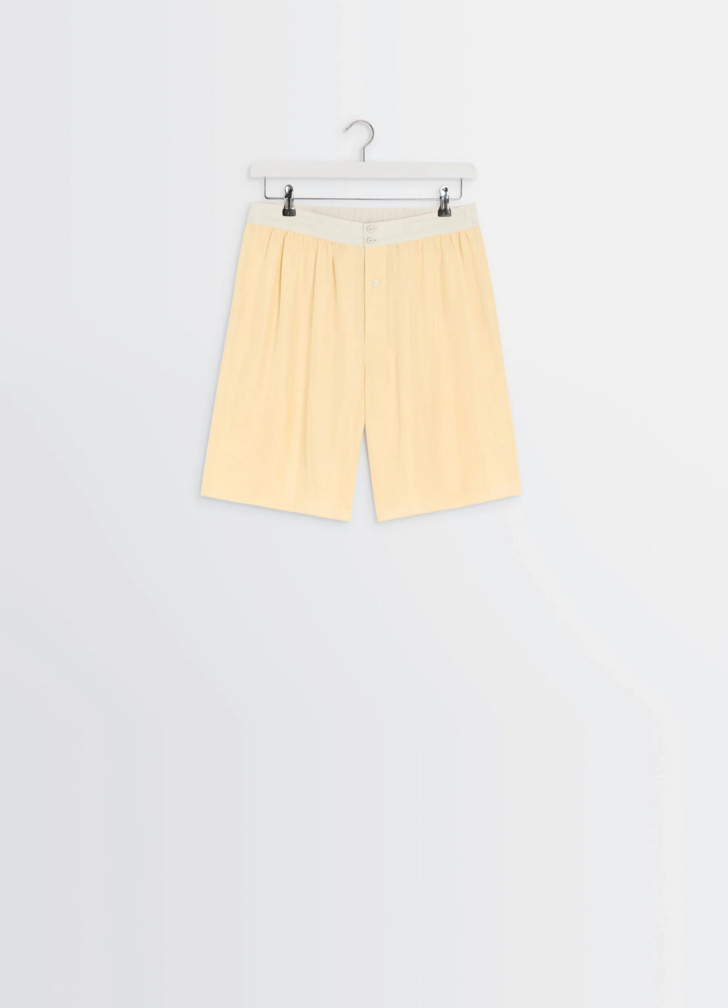 Lemaire Soft Shorts in Silk Pongee, product shot, overhead view pleated front design