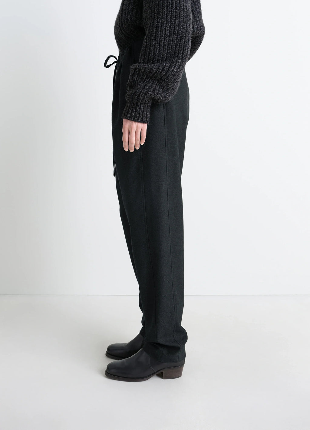 Lemaire Drawstring Pants in Black Cashmere-blend, model shot, side view straight leg silhouette