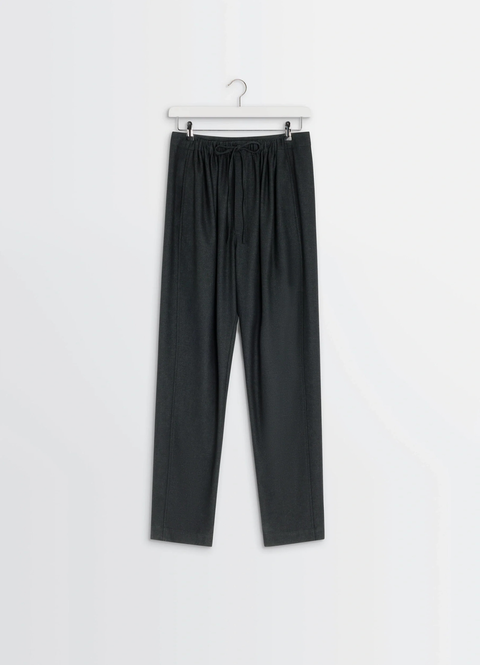 Lemaire drawstring pants in black cashmere-blend, product shot, hanging view straight leg, hanging display