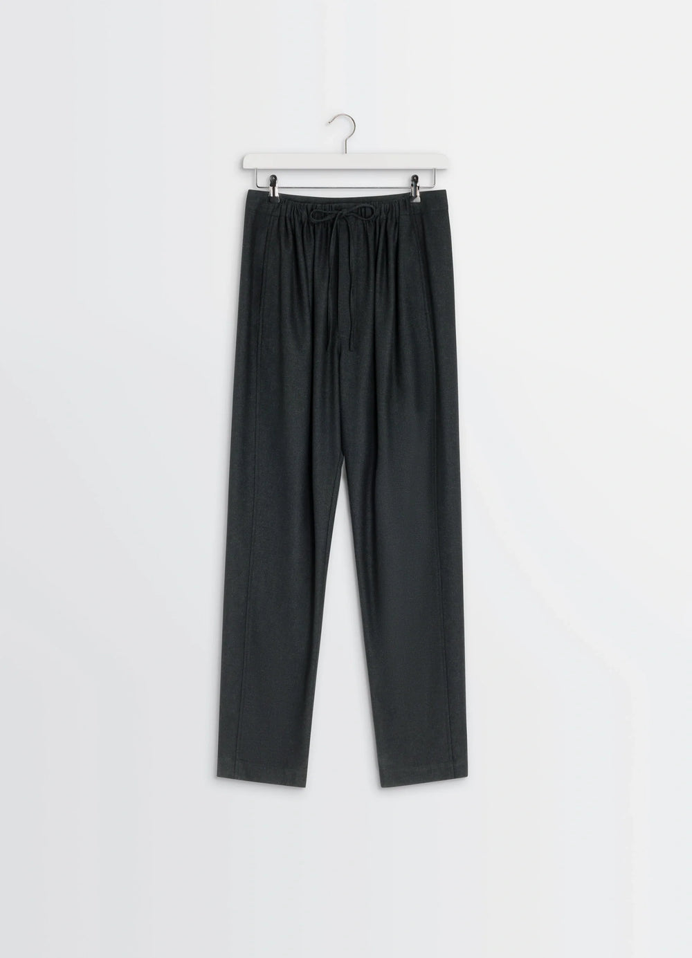Lemaire Drawstring Pants in Black Cashmere-blend, product shot, hanging view straight leg, hanging display