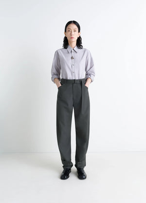 Lemaire Curved Tailored Pants in Tropical Wool Blend, model shot, Front View Oversized Cut