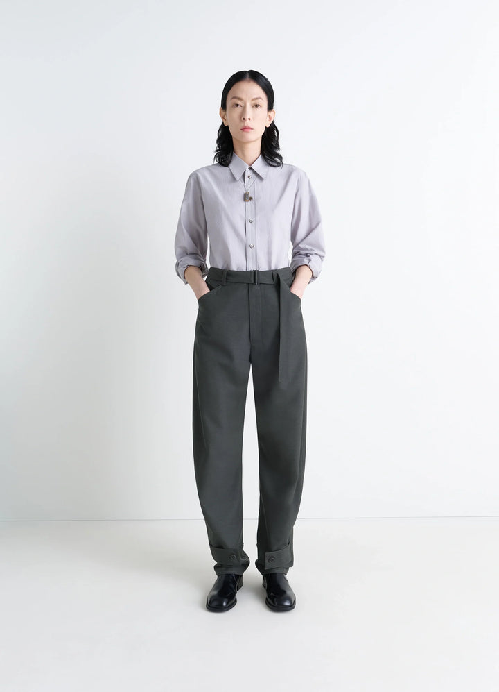 Lemaire Curved Tailored Pants in Tropical Wool Blend, model shot, Front View Oversized Cut