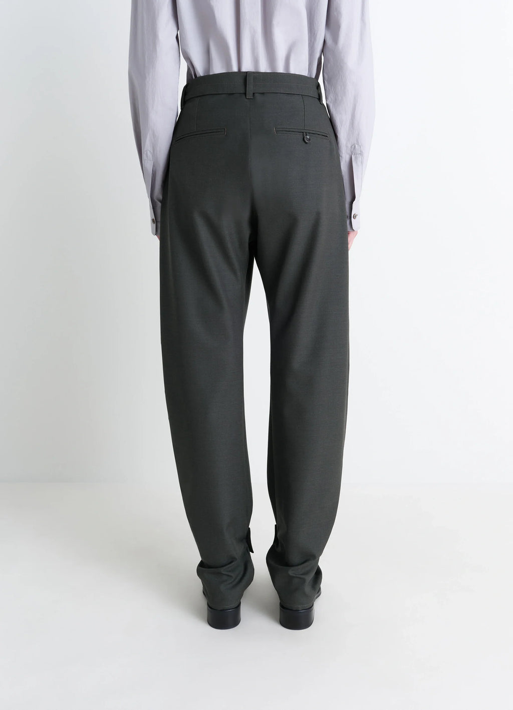 Lemaire Curved Tailored Pants in Tropical Wool Blend, model shot, back view tapered leg