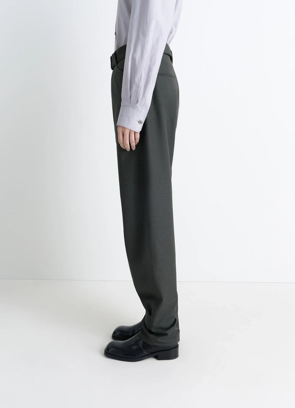 Lemaire Curved Tailored Pants in Tropical Wool Blend, model shot, side view relaxed fit