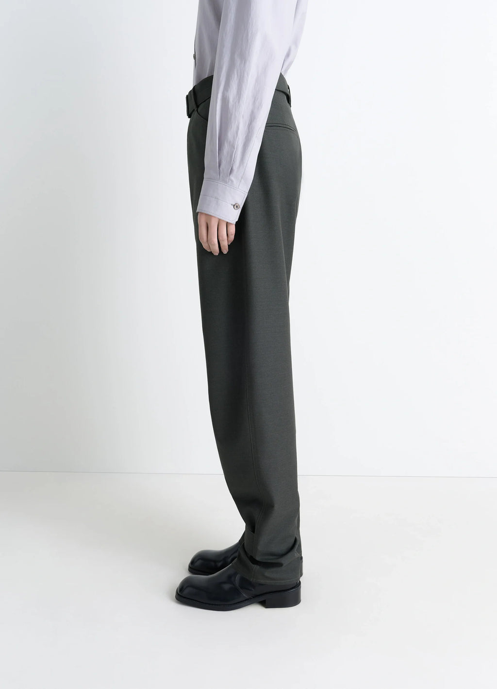 Lemaire Curved Tailored Pants in Tropical Wool Blend, model shot, side view relaxed fit