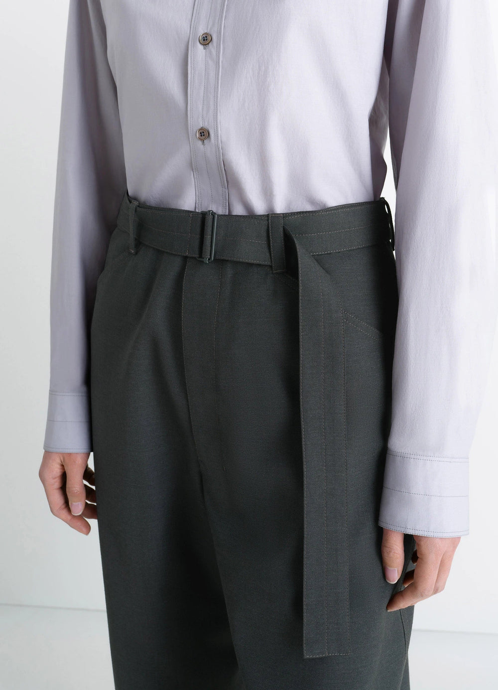 Lemaire Curved Tailored Pants in Tropical Wool Blend, model shot, waist detail belted high waist