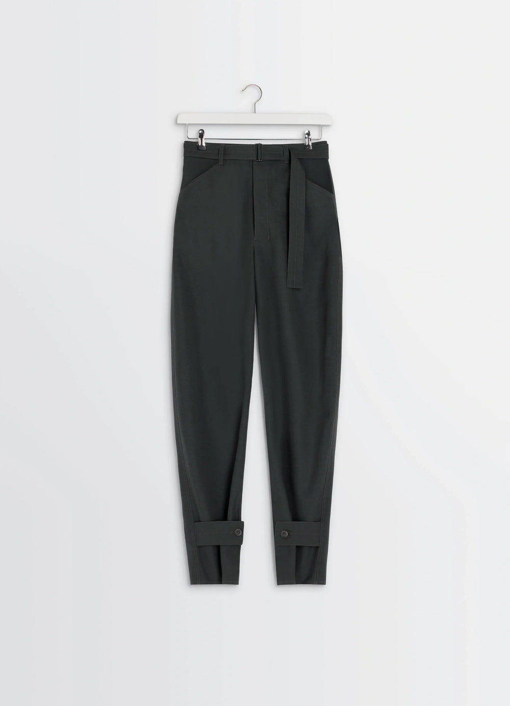 Lemaire Curved Tailored Pants in Tropical Wool Blend, product shot, hanger front view pleated front, belt loops