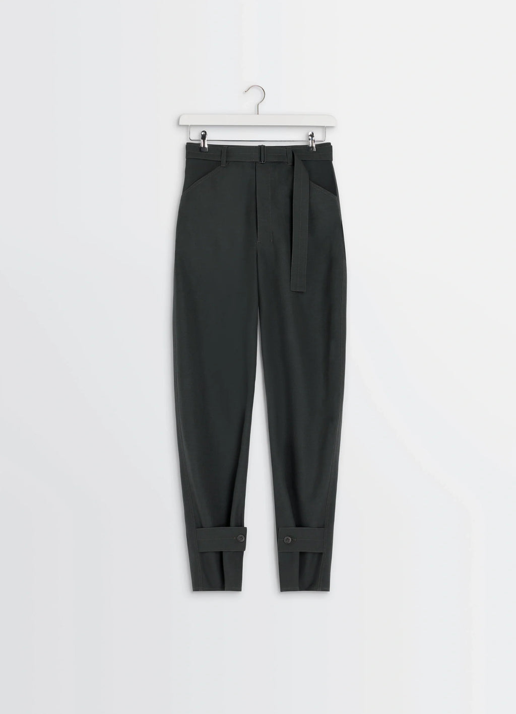 Lemaire Curved Tailored Pants in Tropical Wool Blend, product shot, hanger front view pleated front, belt loops