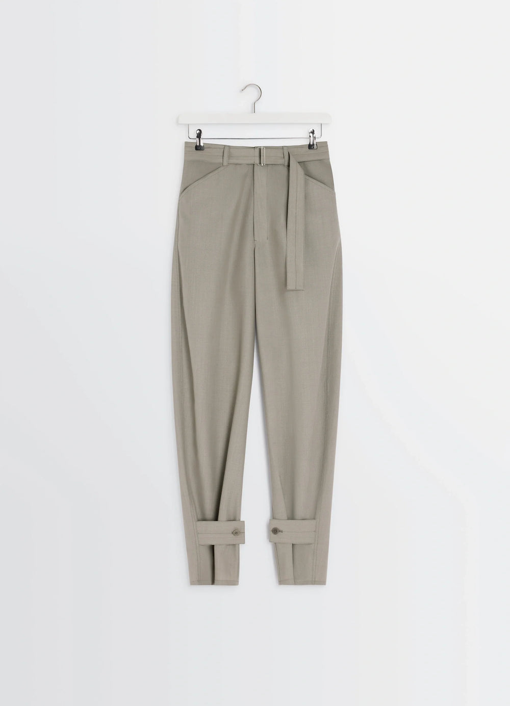 Lemaire Curved Tailored Pants in Tropical Wool Blend, product shot, hanging view belted high waist