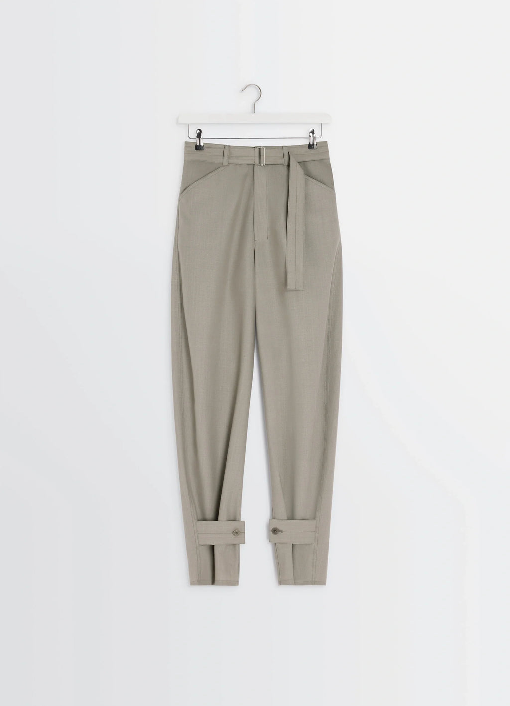 Lemaire Curved Tailored Pants in Tropical Wool Blend, product shot, hanging view belted high waist