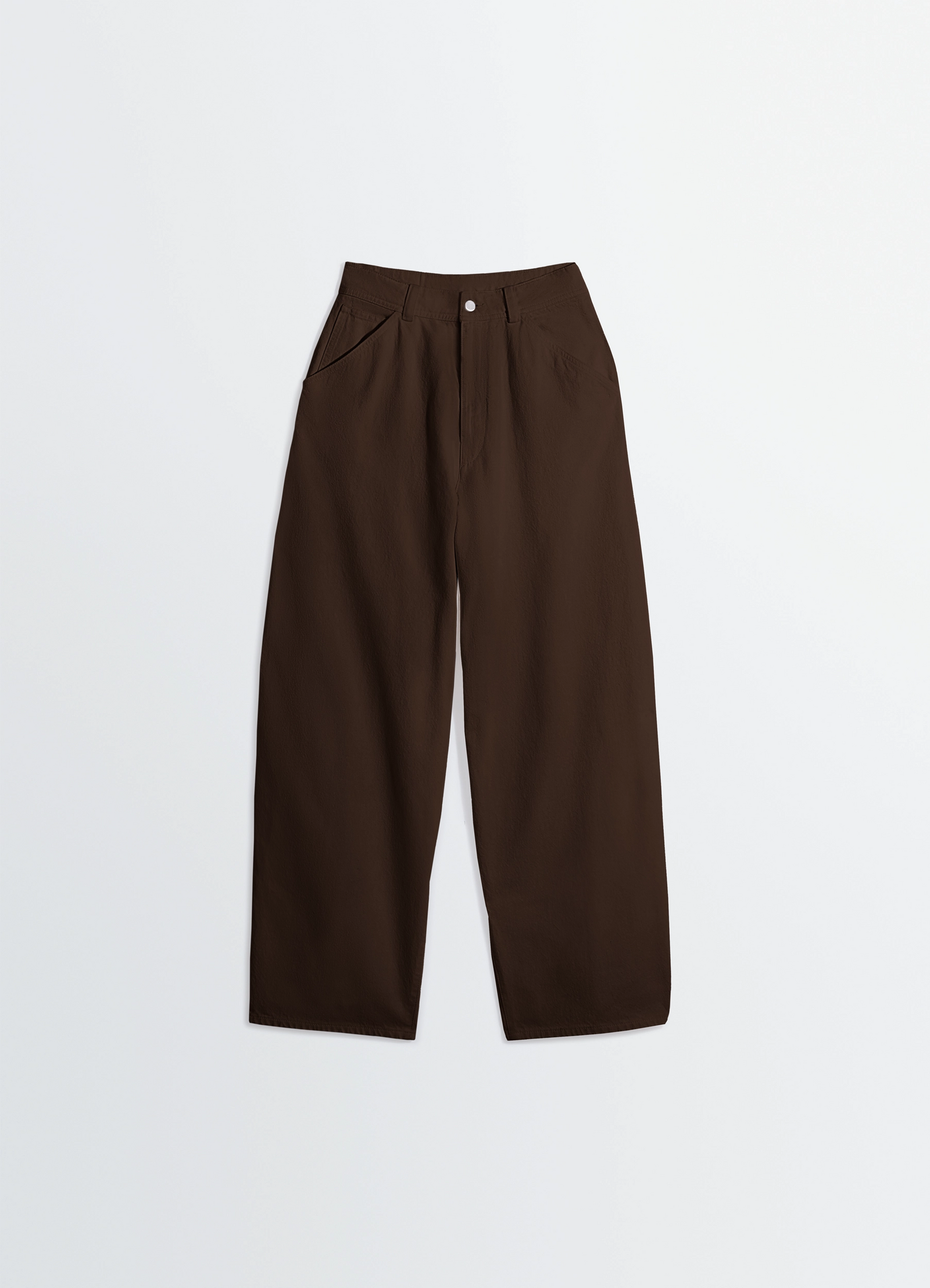 Lemaire large pants in dyed broken twill, product shot, top-down view structured waistband
