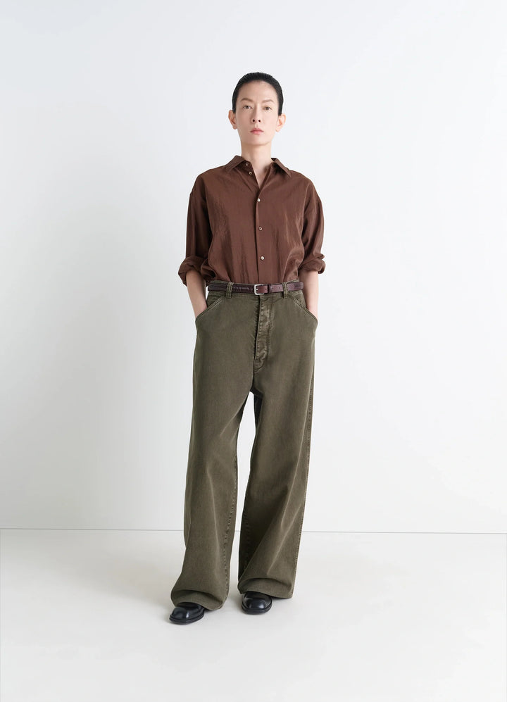 Lemaire Large Pants in Heather Garment Dyed Snow Denim, model shot, front view wide leg
