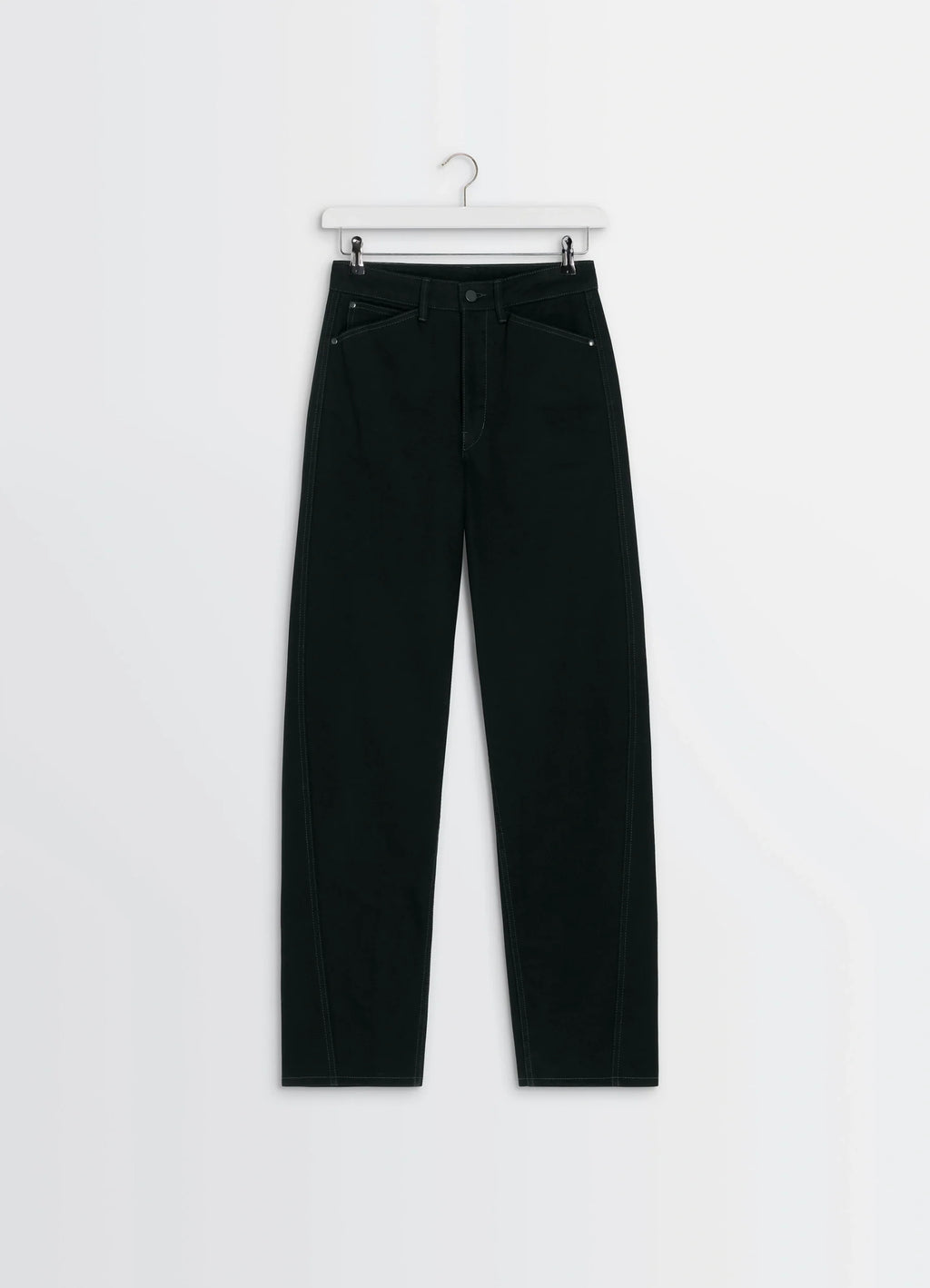 Lemaire Five Pockets Twisted Pants in Deep Black Wash Thick Denim, product shot, hanger front view classic straight silhouett