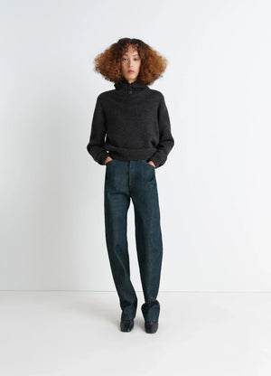Lemaire Five Pockets Twisted Pants in Deep Indigo Thick Denim, model shot, front view twisted seams, relaxed fit