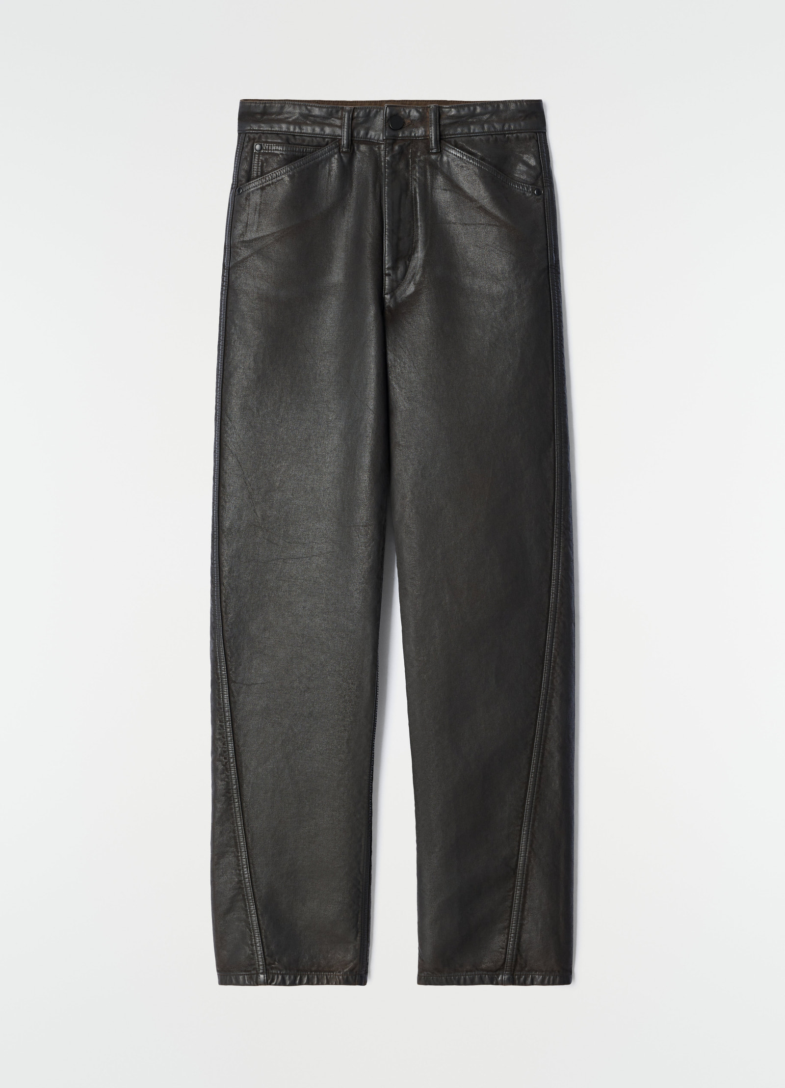 Twisted five-pocket black coated denim pants with seams front flat lay on white background lemaire