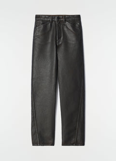 Twisted five-pocket black coated denim pants with seams front flat lay on white background LEMAIRE, primary product shot