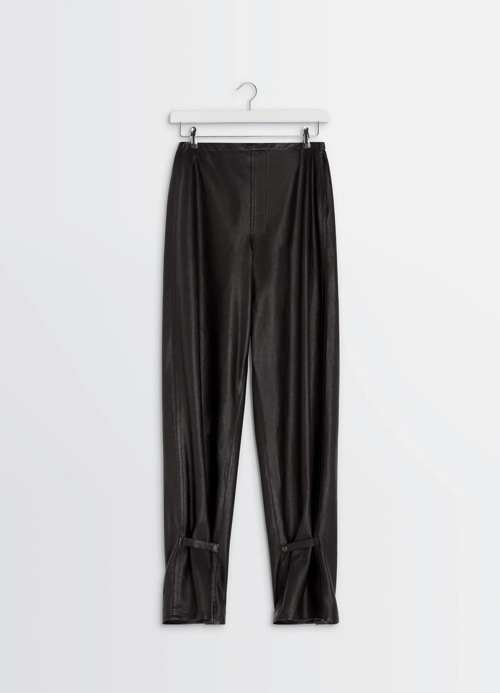 Lemaire Soft Leather Pants in Cow leather with natural shine, product shot, hanger front view wide leg with adjustable bottom