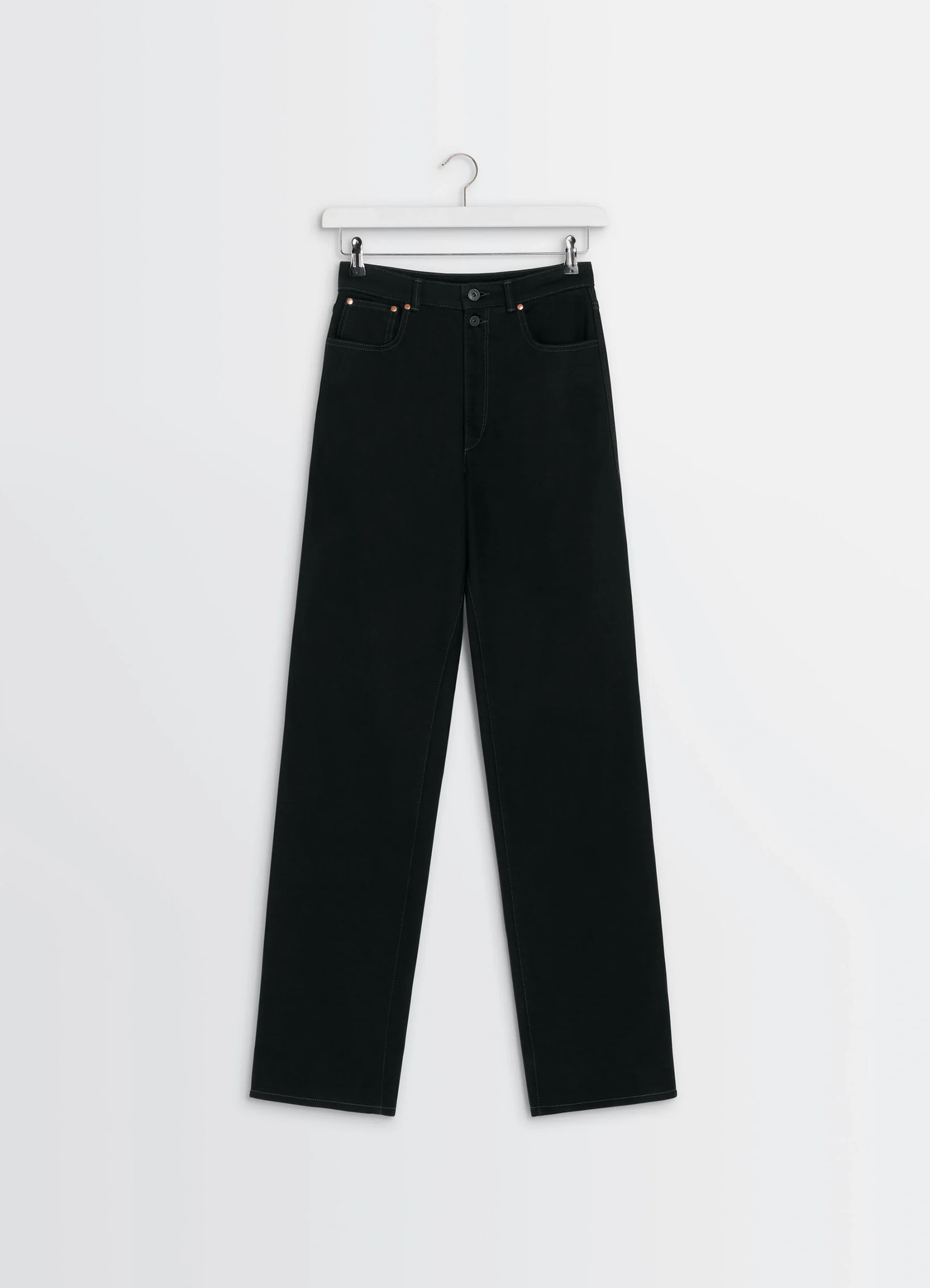 Lemaire high waisted straight pants in deep black thick denim, product shot, top-down view buttoned waist and pockets