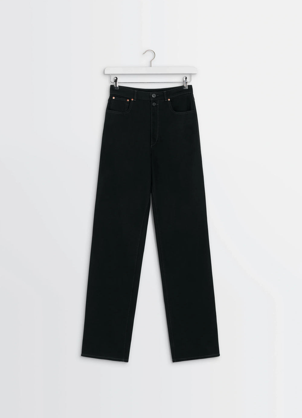 Lemaire High Waisted Straight Pants in Deep Black Thick Denim, product shot, top-down view buttoned waist and pockets