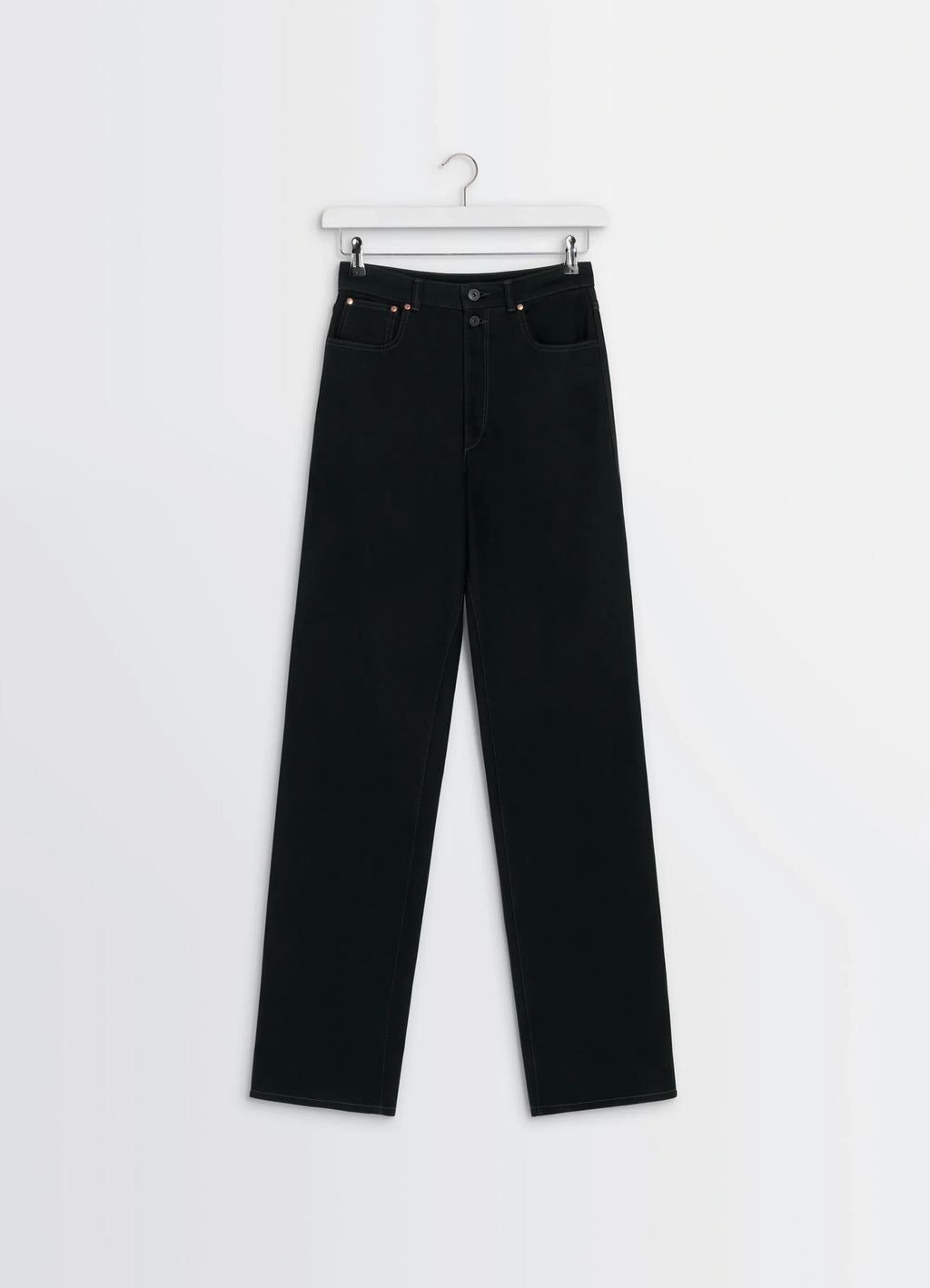 Lemaire High Waisted Straight Pants in Deep Black Thick Denim, product shot, top-down view buttoned waist and pockets
