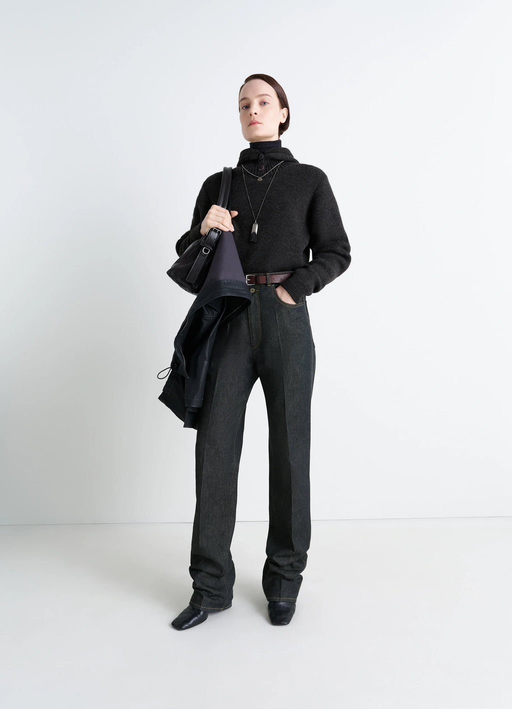 Lemaire High Waisted Straight Pants in Slate Denim, model shot, Front view Straight cut with pleats