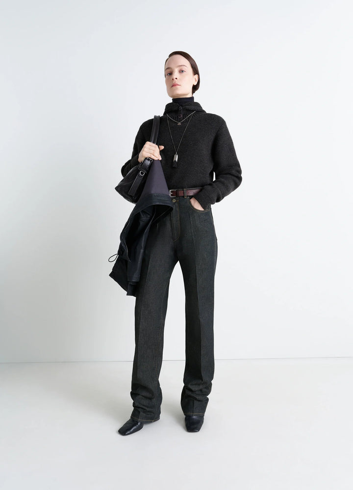 Lemaire High Waisted Straight Pants in Slate Denim, model shot, Front view Straight cut with pleats