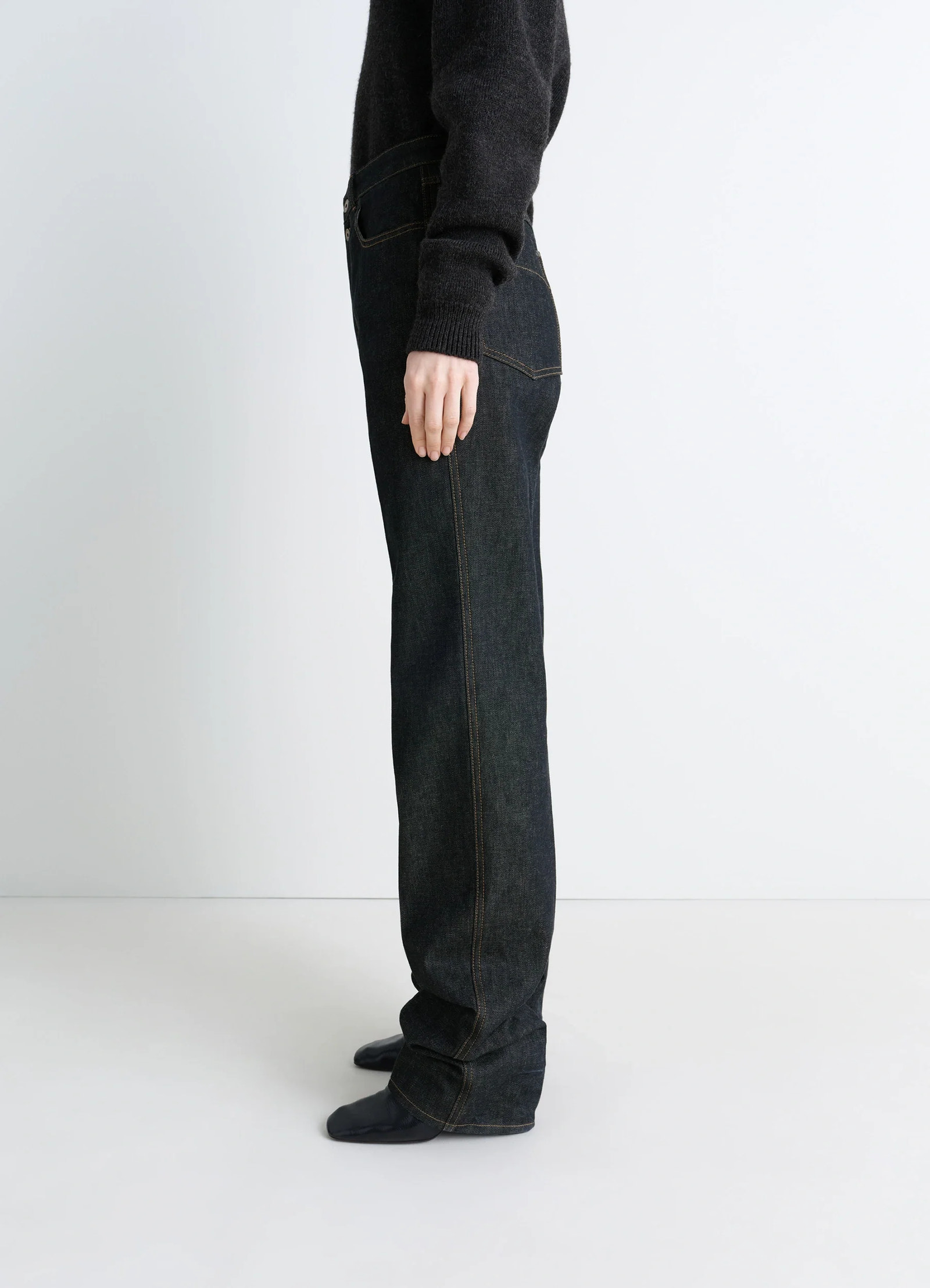 Lemaire high waisted straight pants in slate denim, model shot, side view high waisted straight leg