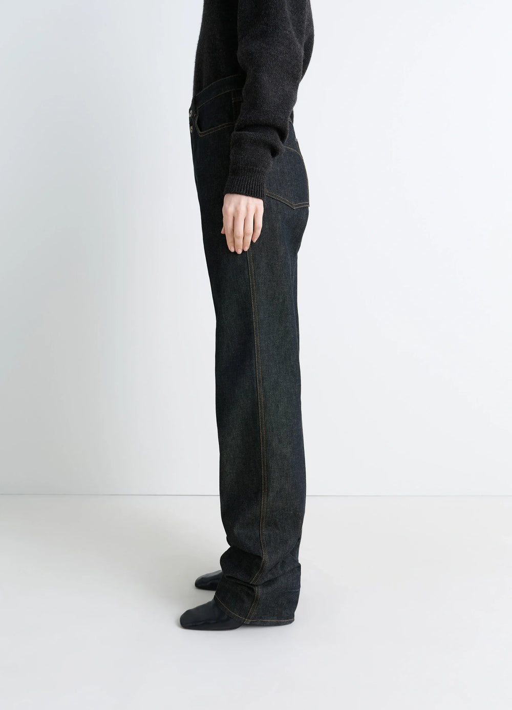 Lemaire High Waisted Straight Pants in Slate Denim, model shot, side view high waisted straight leg