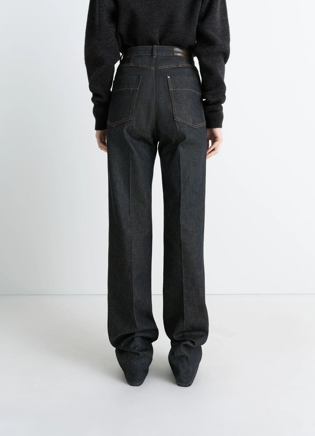 Lemaire High Waisted Straight Pants in Slate Denim, model shot, back view rear patch pockets