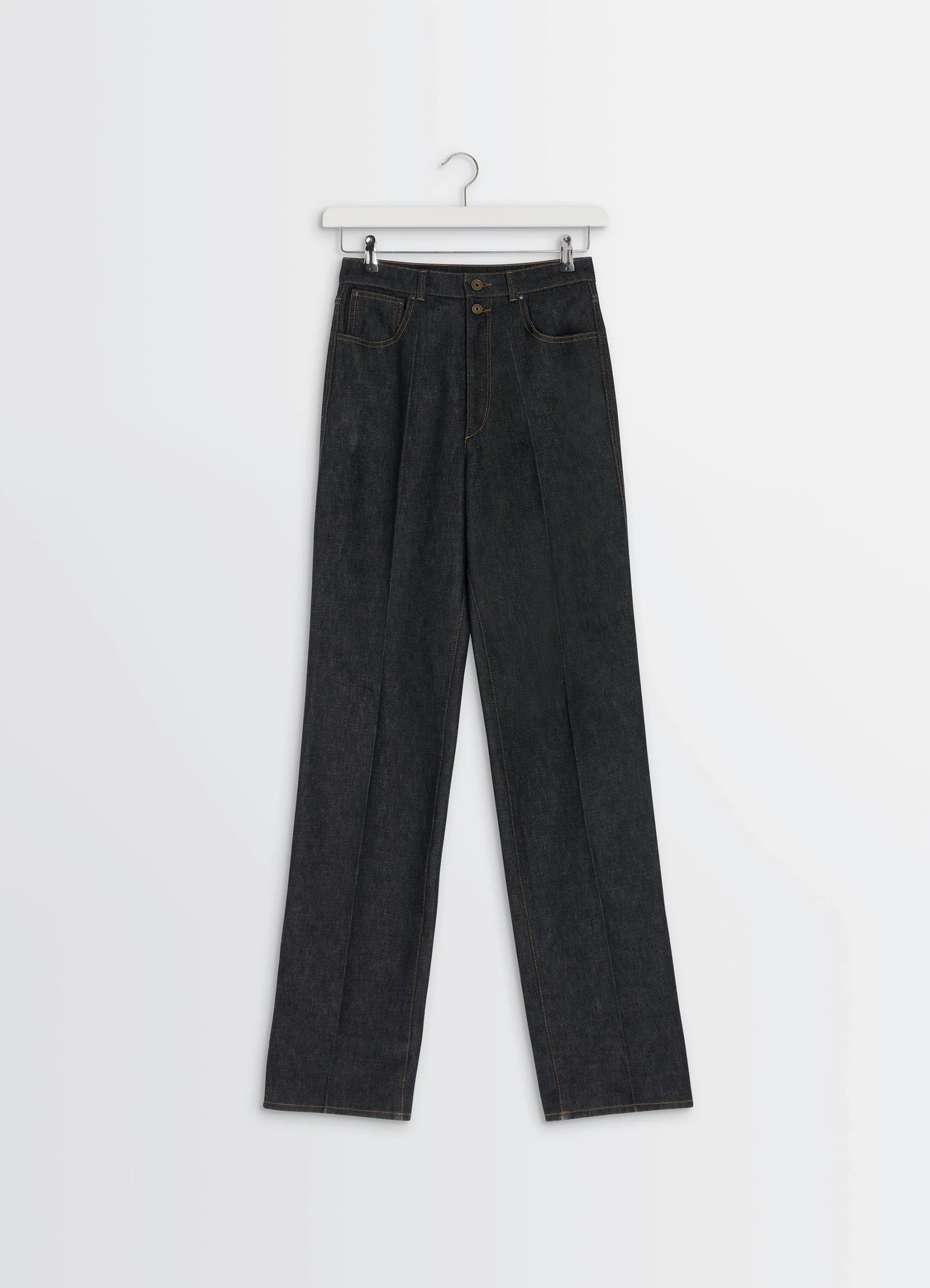 Lemaire high waisted straight pants in slate denim, product shot, hanger display view double button front closure
