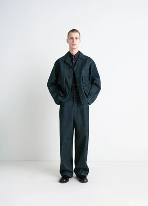 Lemaire Maxi Workwear Pants in Deep Indigo Thick Denim, model shot, Front view Oversized wide leg