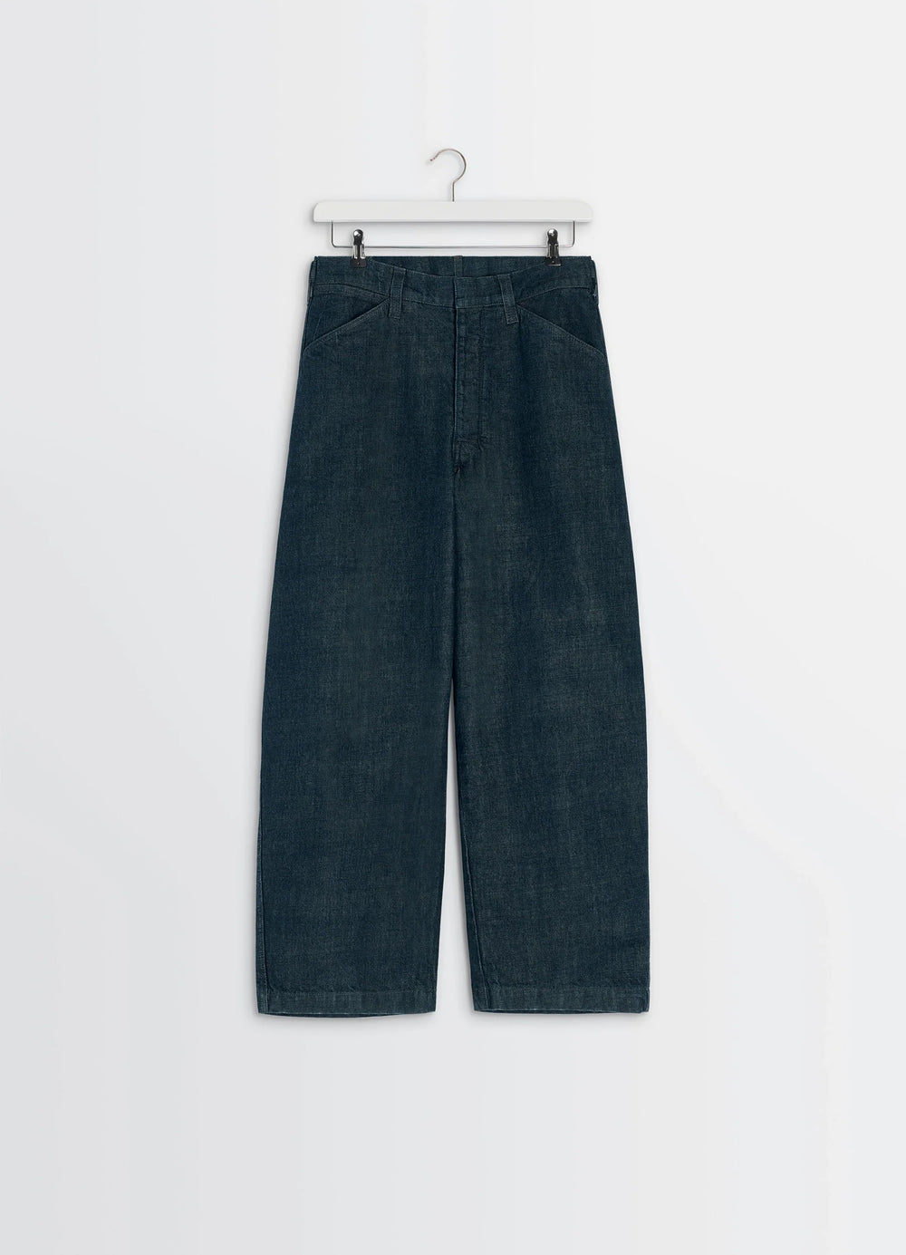 Lemaire Maxi Workwear Pants in Deep Indigo Thick Denim, product shot, hanging front detail pleated flat front