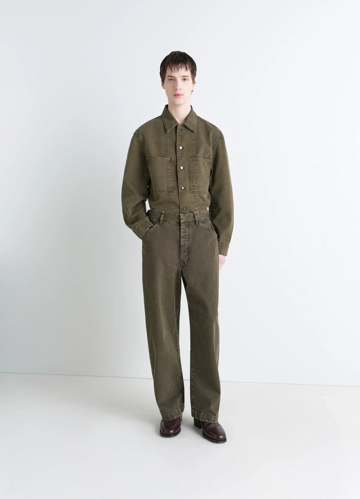 Lemaire Maxi Workwear Pants in Heather Garment Dyed Snow, model shot, front view wide leg