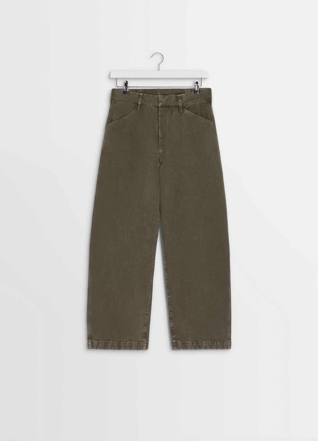 Lemaire Maxi Workwear Pants in Heather Garment Dyed Snow, product shot, hanging flat lay straight leg
