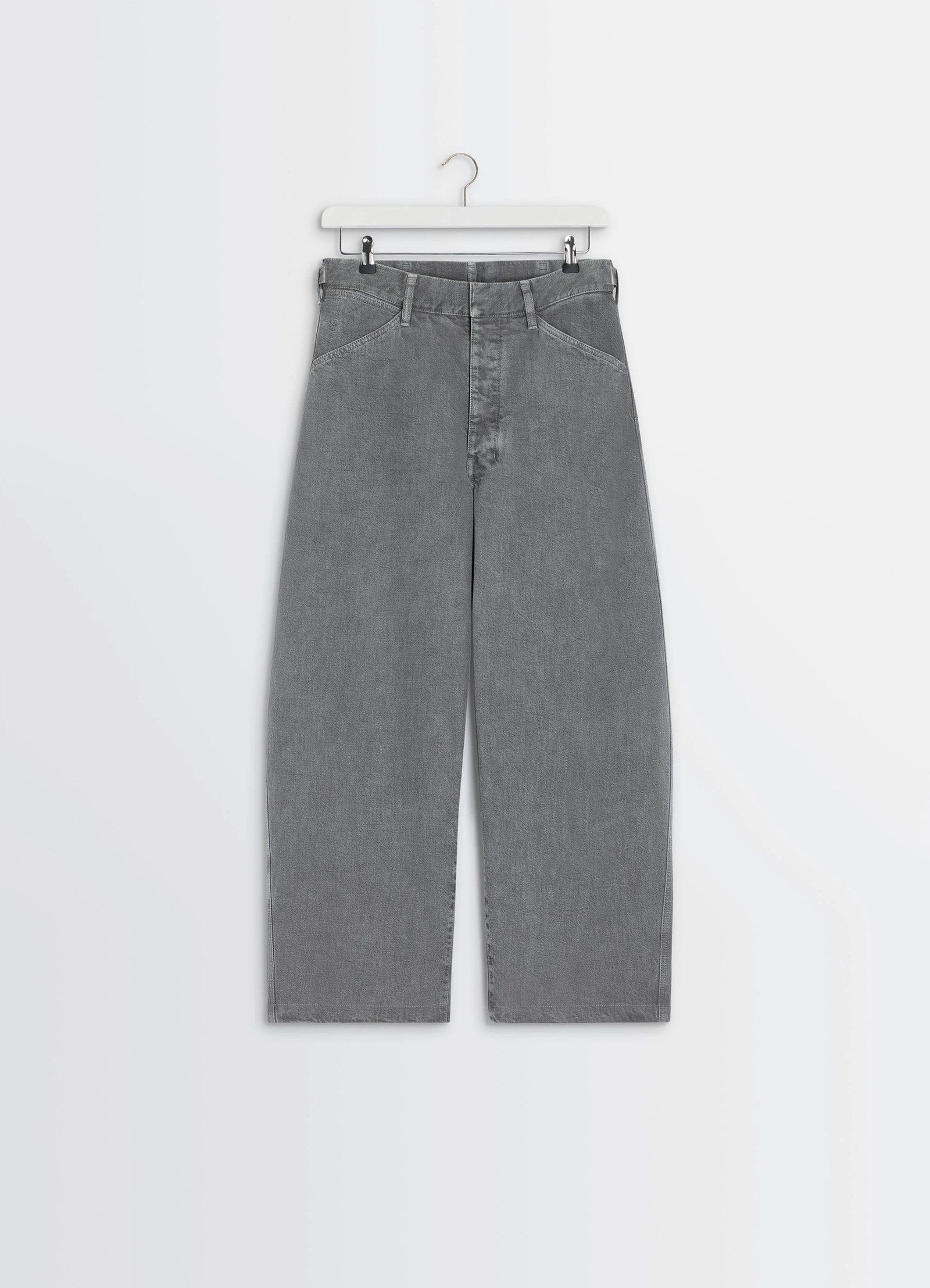 Lemaire maxi workwear pants in heather garment dyed snow heavy den, product shot, top down flat lay wide leg, thick denim tex