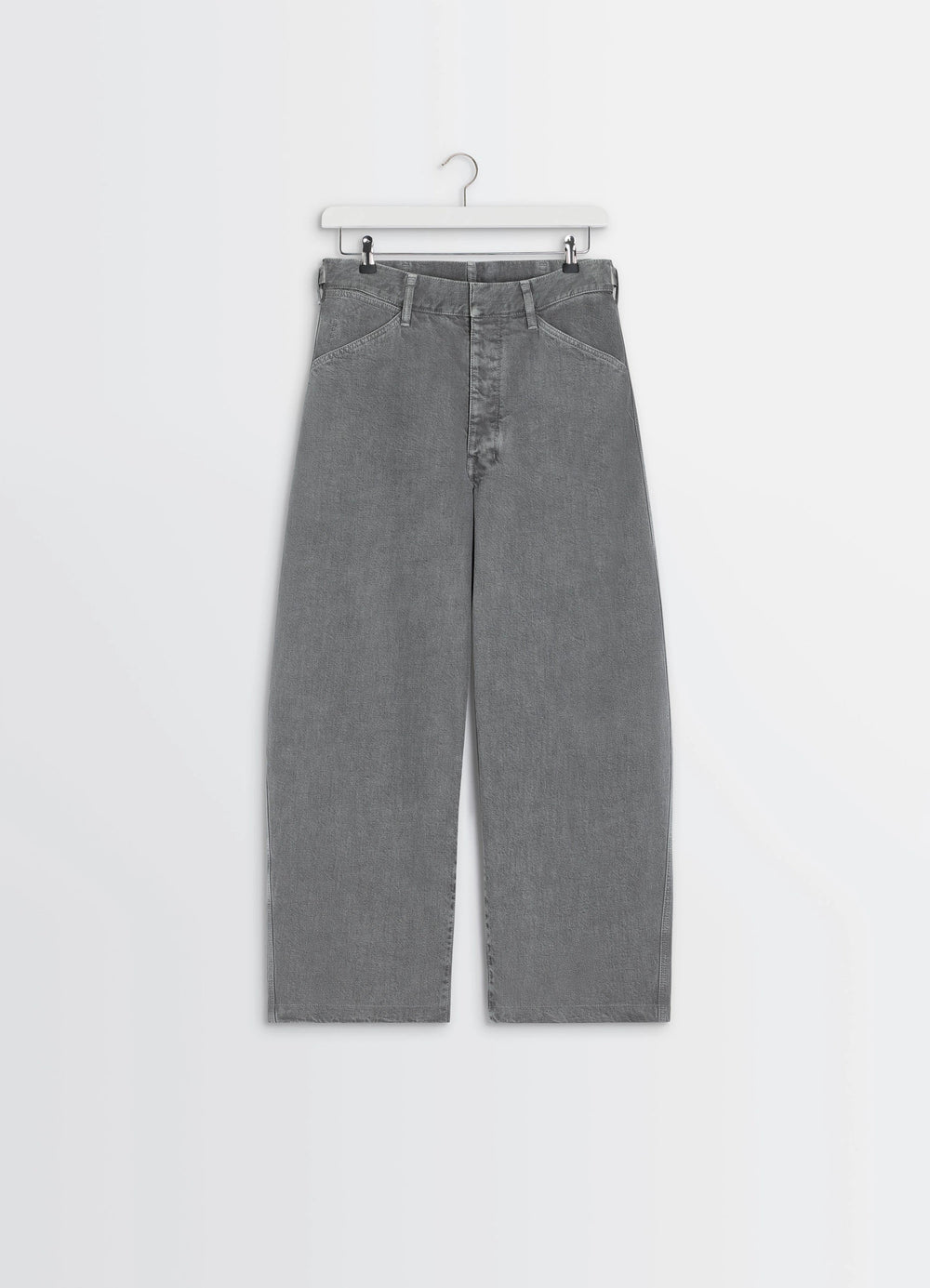 Lemaire Maxi Workwear Pants in Heather Garment Dyed Snow Heavy Den, product shot, top down flat lay wide leg, thick denim tex